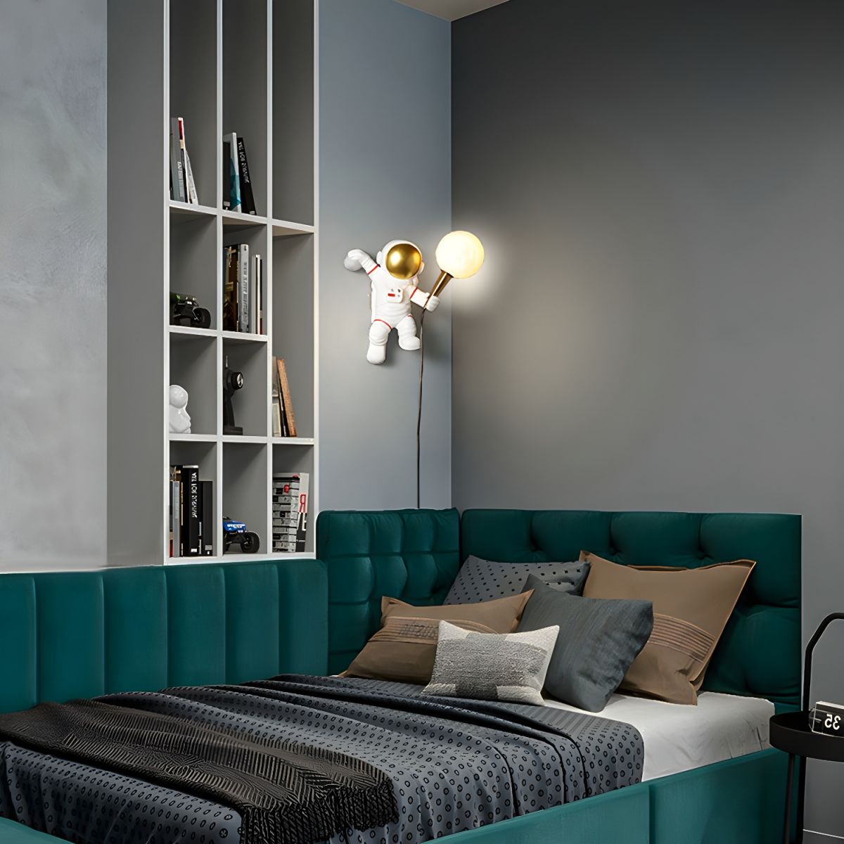 Modern astronaut wall light with LED moon globe in contemporary teal bedroom with built-in shelving - UK plug in kids light