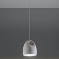 White ceramic pendant light with curved handle detail, matte finish, modern minimalist design, suspended from ceiling