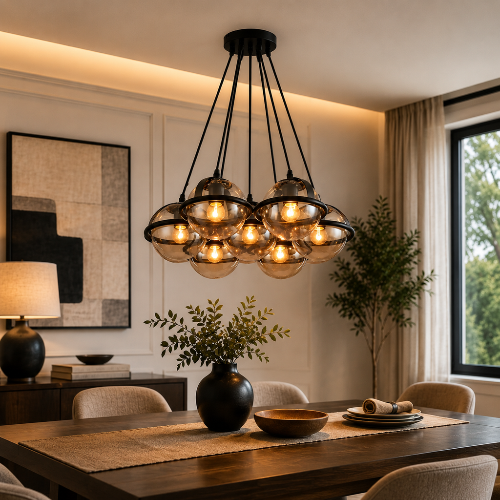 Dining room with a modern bubble chandelier, table setting, and decor elements.