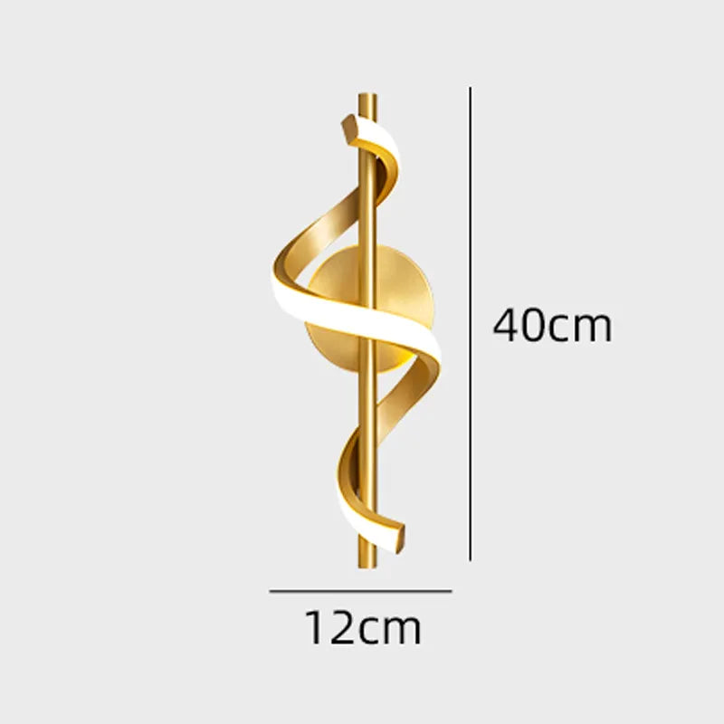 Gold twisted spiral LED wall light showing dimensions 40cm height 12cm width against grey background - decorative lighting