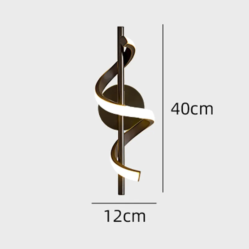 Black twisted spiral LED wall light with warm white glow, modern design, 40cm height - dimensions view