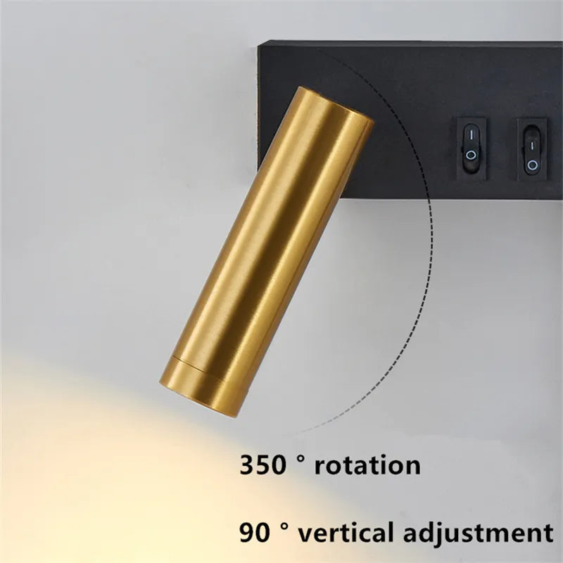Modern gold brass LED wall lamp showing 350° rotation and 90° vertical adjustment with black mount and USB ports